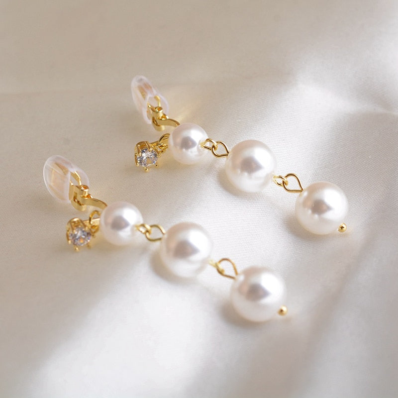 Long Crystal Pearl Clip on Earrings