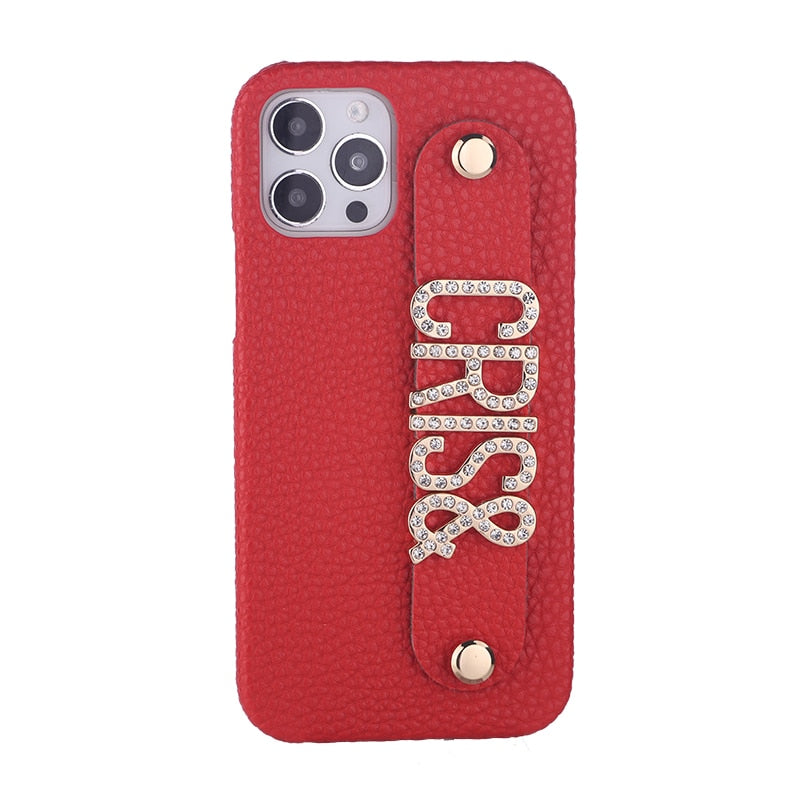 Name Leather Phone Case with Holding Strap