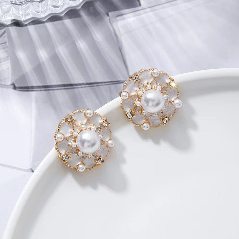 Pearl & Rhinestone Flower Clip on Earring