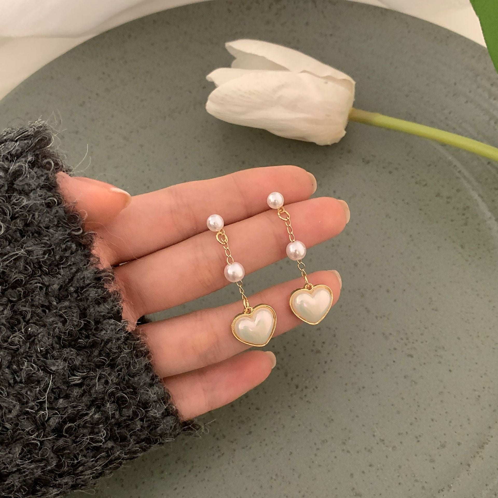 White Pearl Heart Clip on Earrings