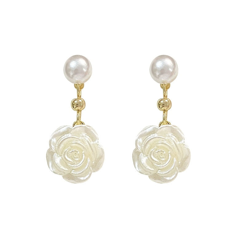 Camellia Flower Pearl Clip on earrings