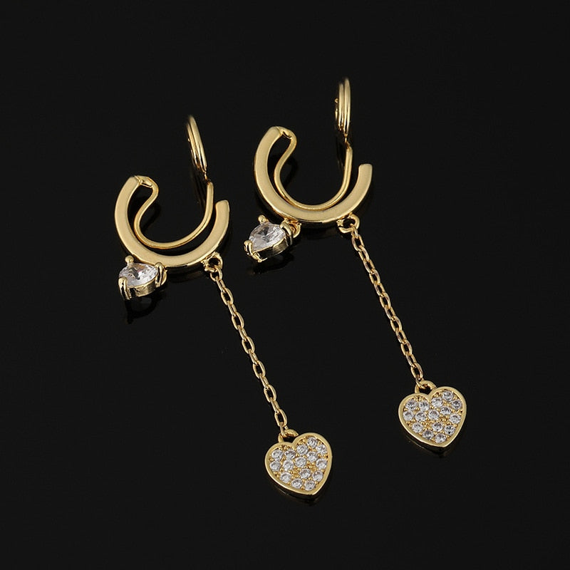 Heart Long Chain 16k Gold Plating Brass Coil Earrings