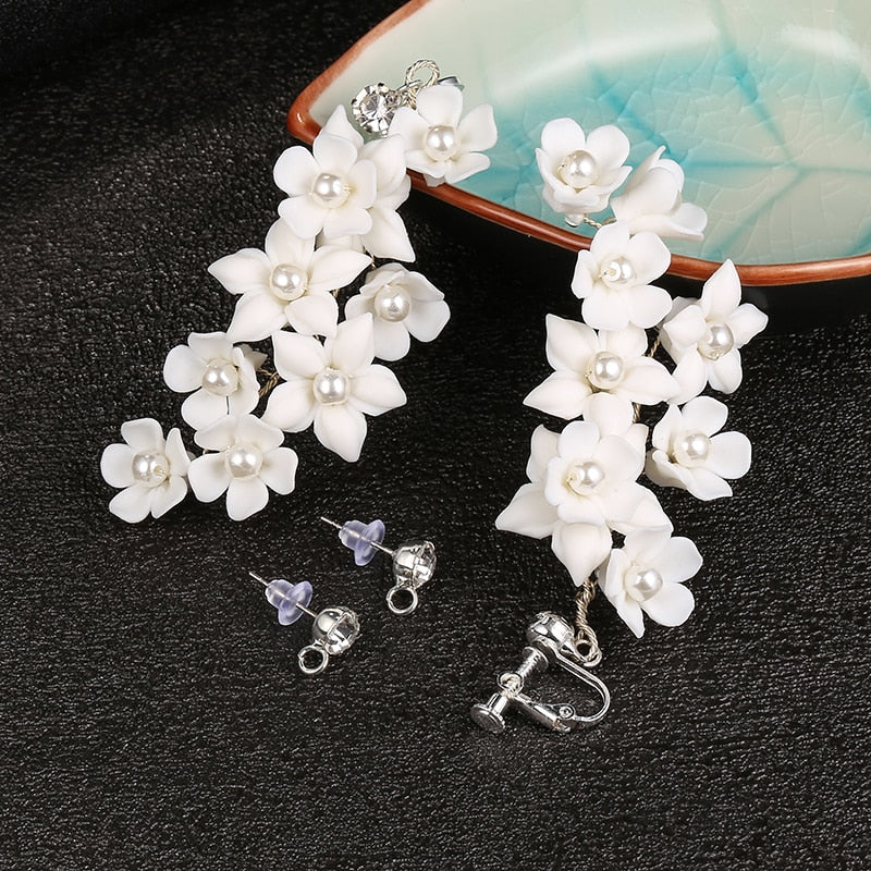 Handmade White Ceramic Floral Earrings