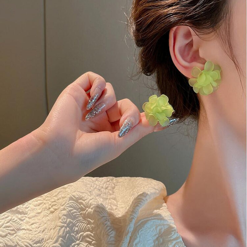 White & Green Flower Clip on Earrings