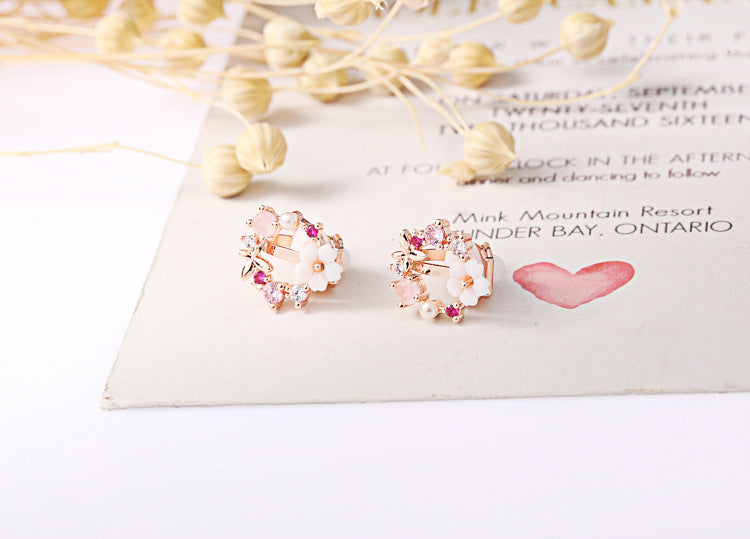 Pink Flower Wreath Clip on Earrings
