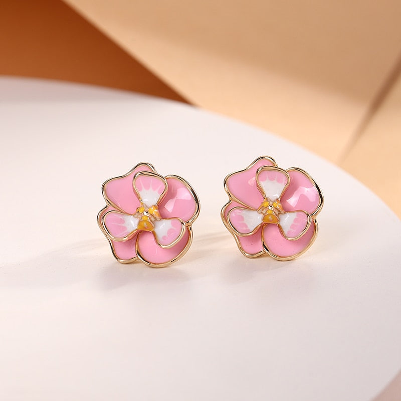 Pink and Green Flower Clip on Earrings