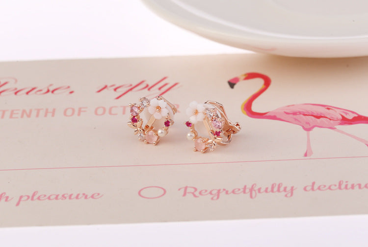 Pink Flower Wreath Clip on Earrings
