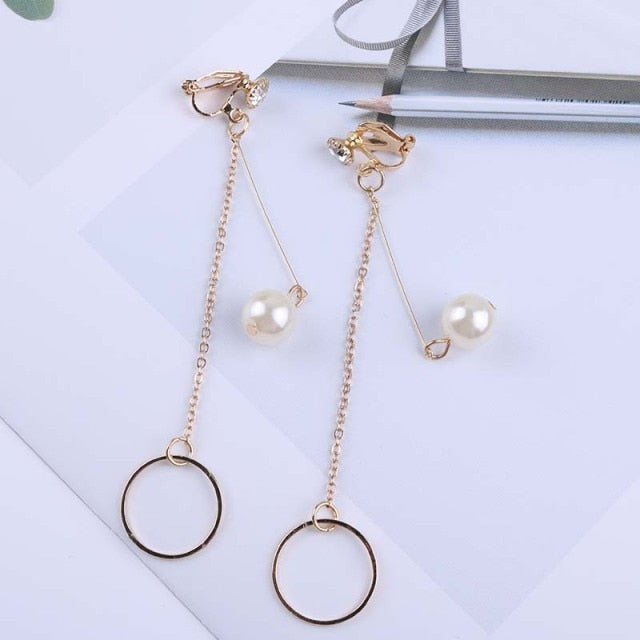 Long Tassel Pearl Clip On Earring