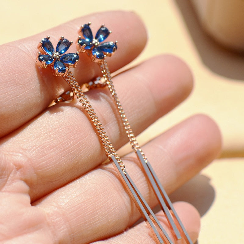 Zircon Blue Flower Clip on Earrings