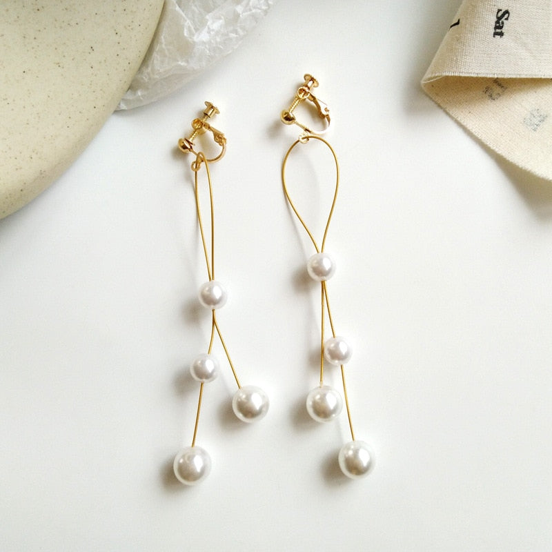 Long Tassel Pearls Clip on Earrings