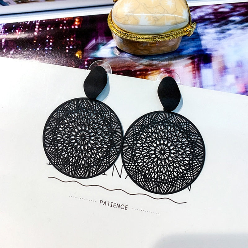 Bohemian Black Big Round Clip on Earrings