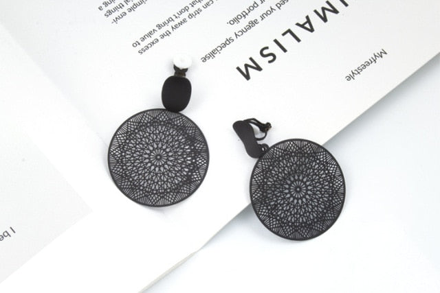 Bohemian Black Big Round Clip on Earrings