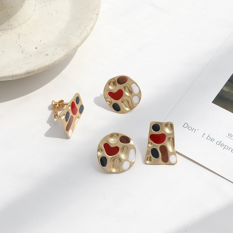 Colourful Enamel Geometric Round & Square Clip On Earrings