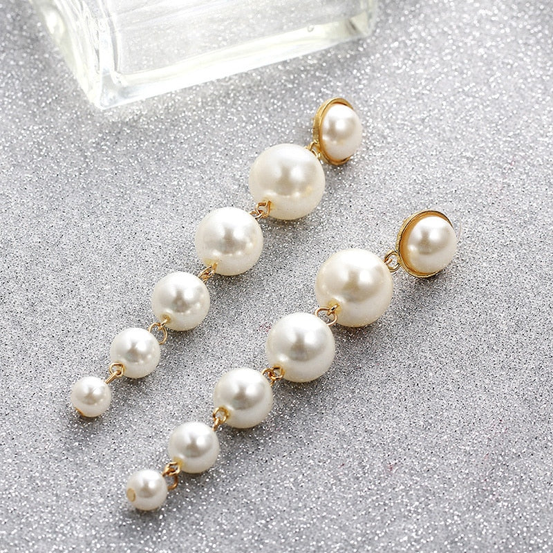 Vintage Long Simulated Pearl Dangle Clip On Earrings