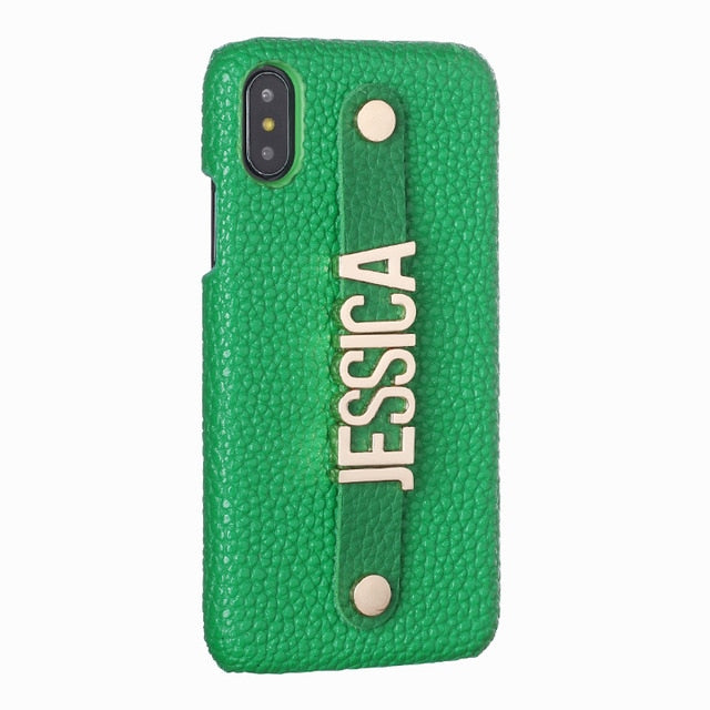 Personalised Name Genuine Leather iPhone Case with Holding Strap