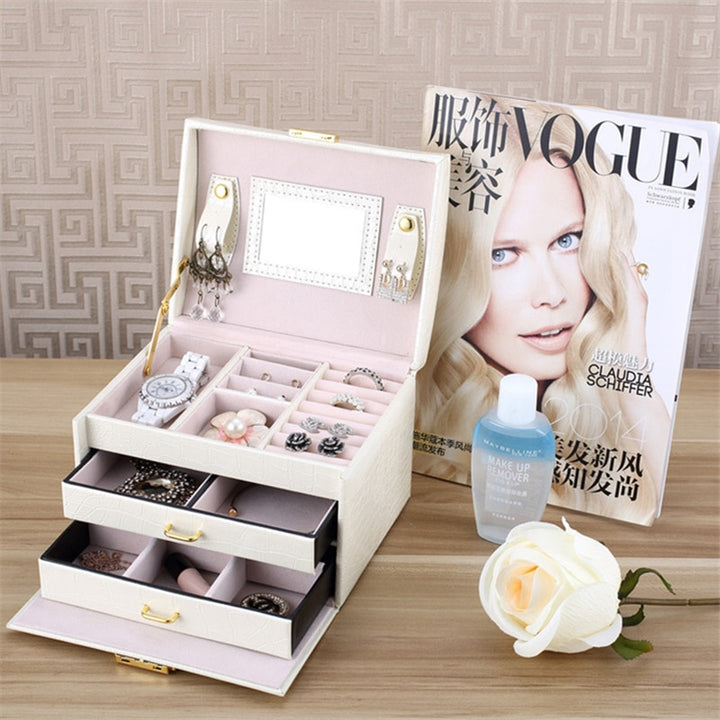 3-layers Jewellery Box with Mirror Large Capacity Jewellery Casket Makeup Organizer Earring Holder Makeup Storage