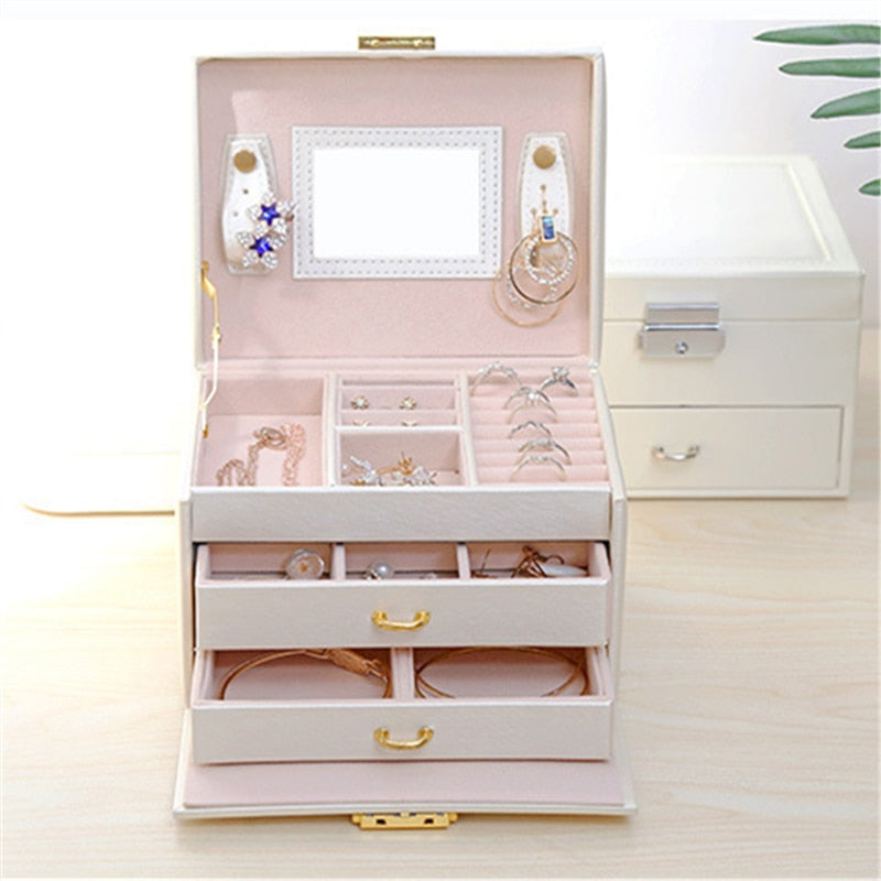 3-layers Jewellery Box with Mirror Large Capacity Jewellery Casket Makeup Organizer Earring Holder Makeup Storage