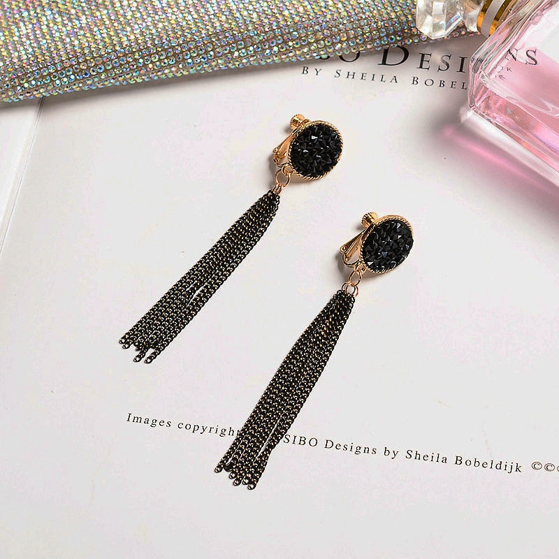 Vintage Long Chain Tassel Clip on Earrings