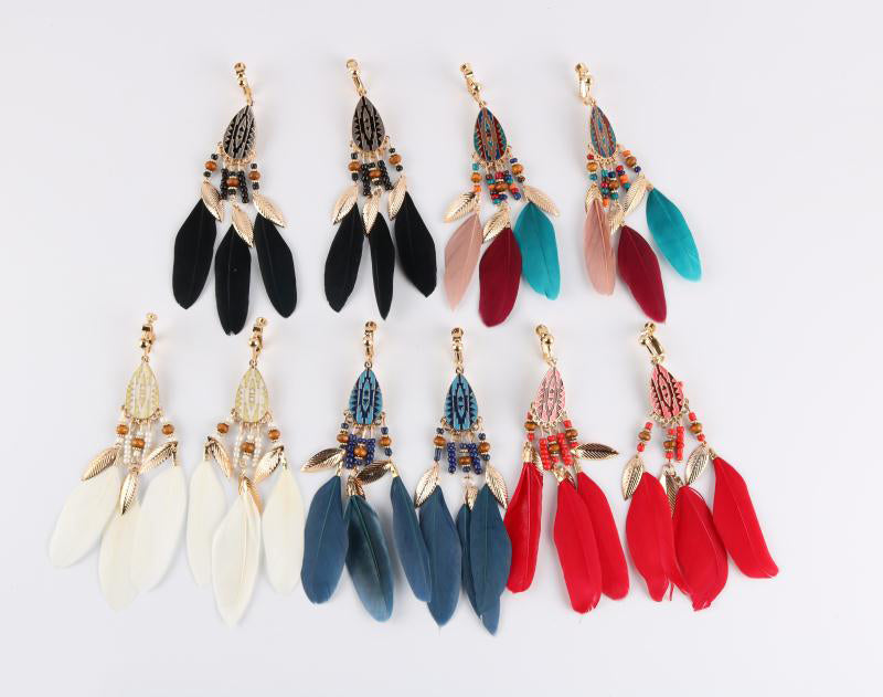 Bohemian Feather Tassel Clip on Earrings