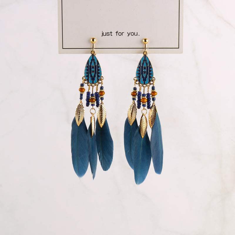 Bohemian Feather Tassel Clip on Earrings