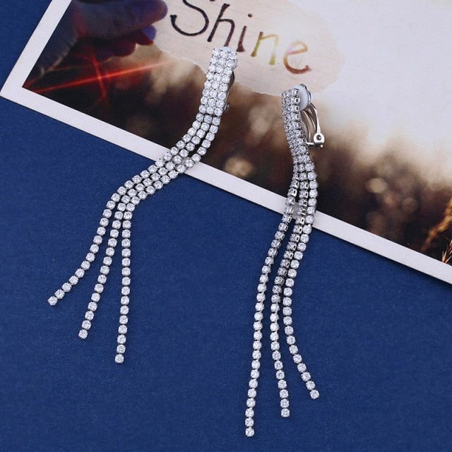 Zircon Crystal Long Tassel Clip on Earrings