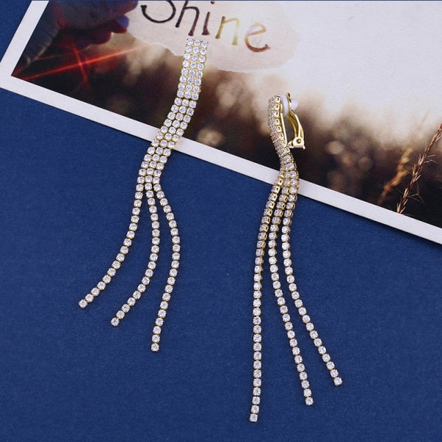 Zircon Crystal Long Tassel Clip on Earrings