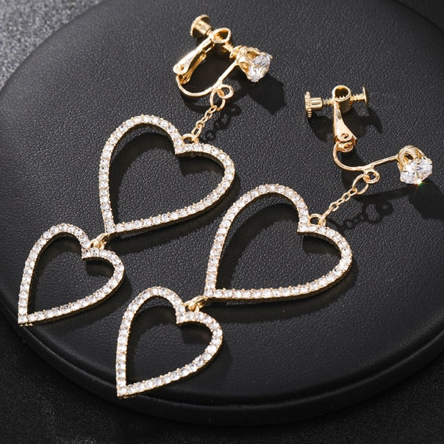Hollow Crystal Heart Clip on Earrings
