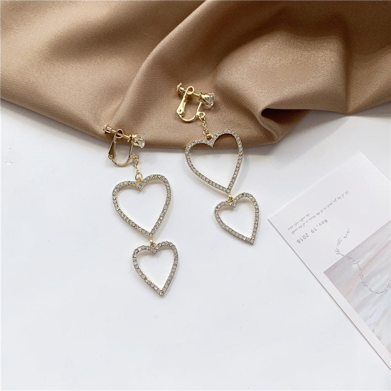 Hollow Crystal Heart Clip on Earrings