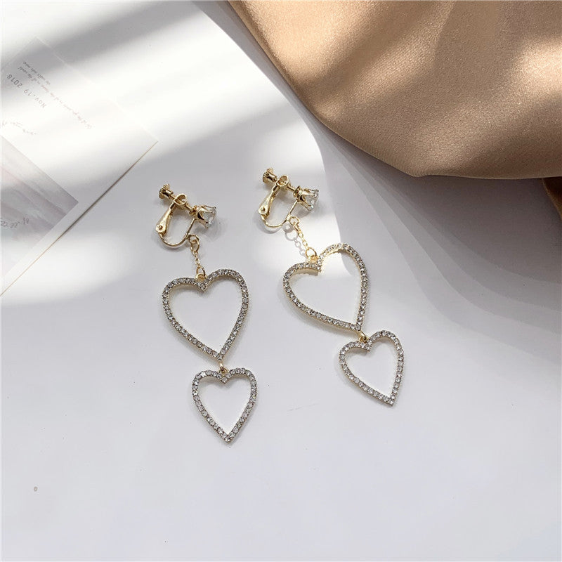 Hollow Crystal Heart Clip on Earrings