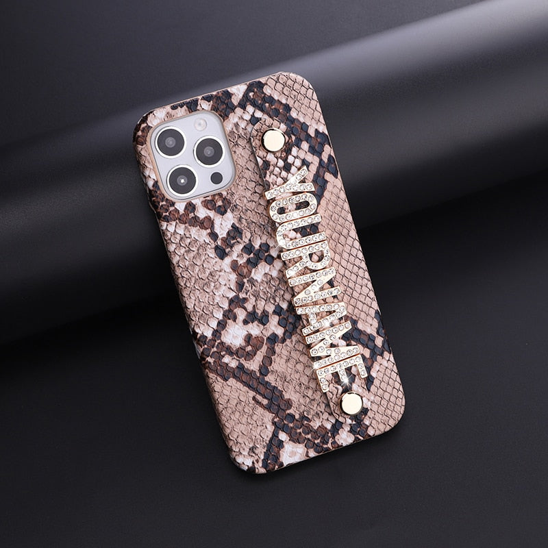 Crystal Initial Snake Skin Leather iPhone Case with Holding Strap