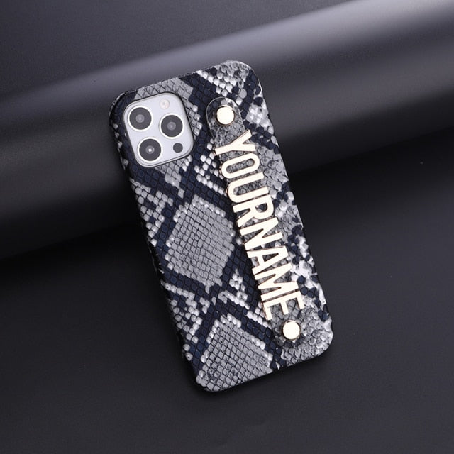 Crystal Initial Snake Skin Leather iPhone Case with Holding Strap