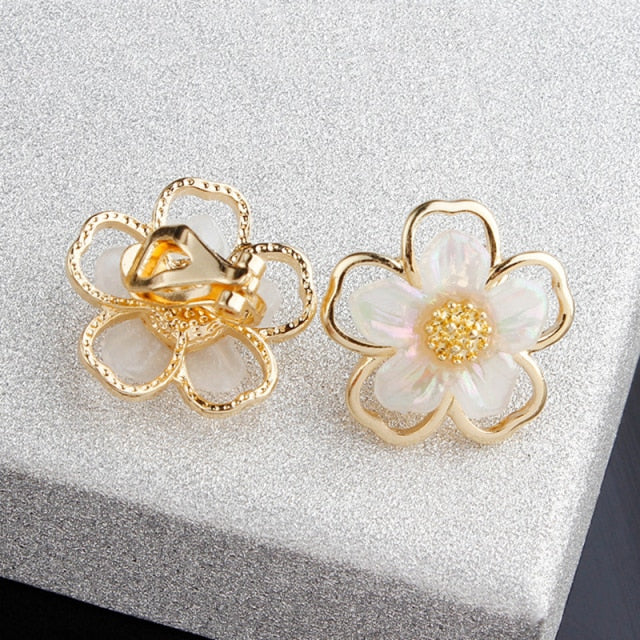 White Flower Clip on Earrings