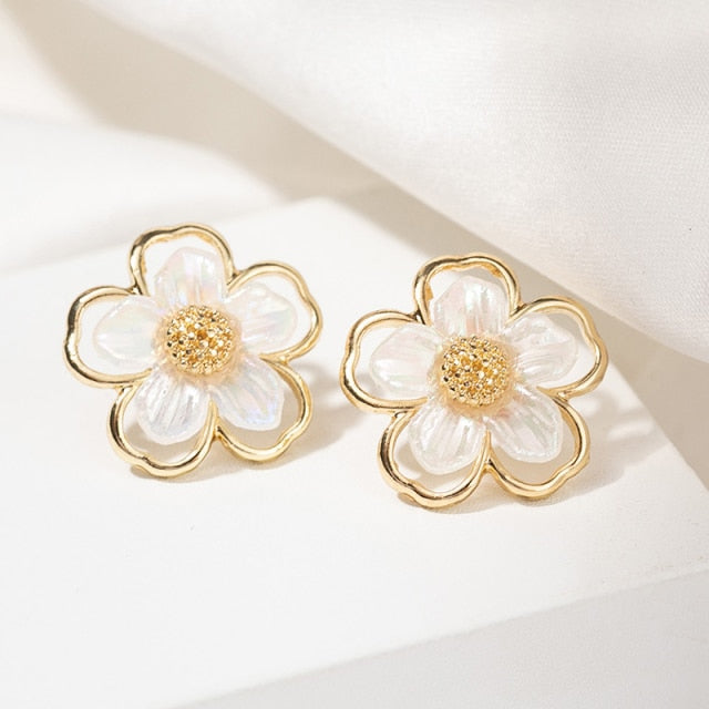 White Flower Clip on Earrings