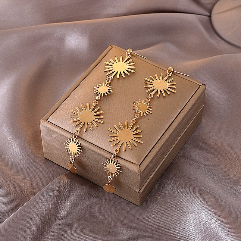 Gold Sunflower Tassel Clip on Earrings