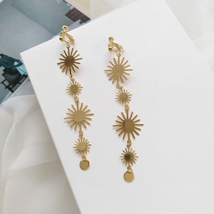 Gold Sunflower Tassel Clip on Earrings