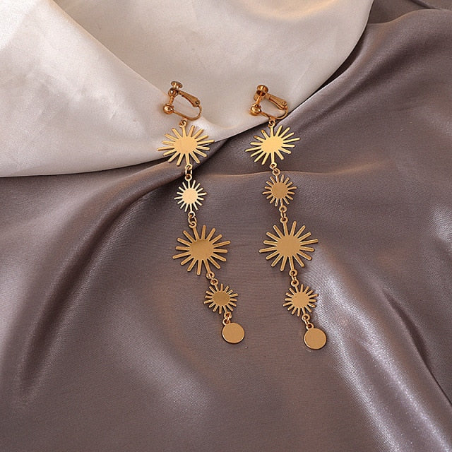 Gold Sunflower Tassel Clip on Earrings