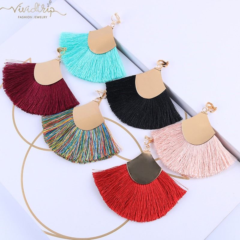 Bohemian Fan Shaped Cotton Tassel Clip on Earrings