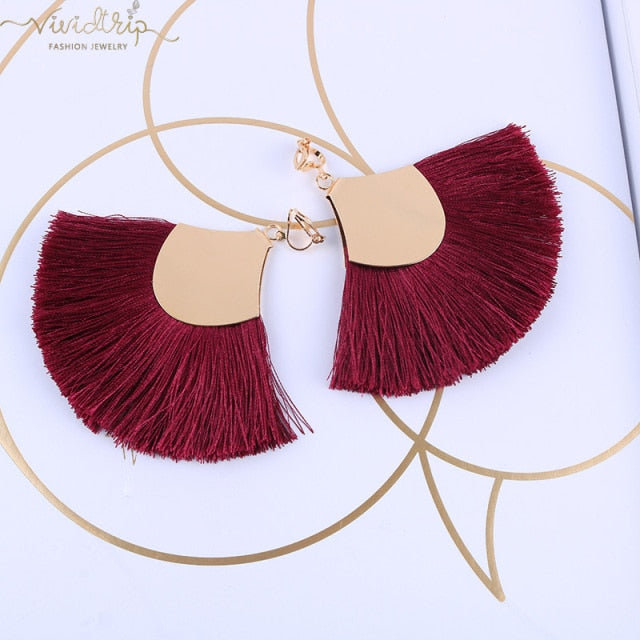Bohemian Fan Shaped Cotton Tassel Clip on Earrings