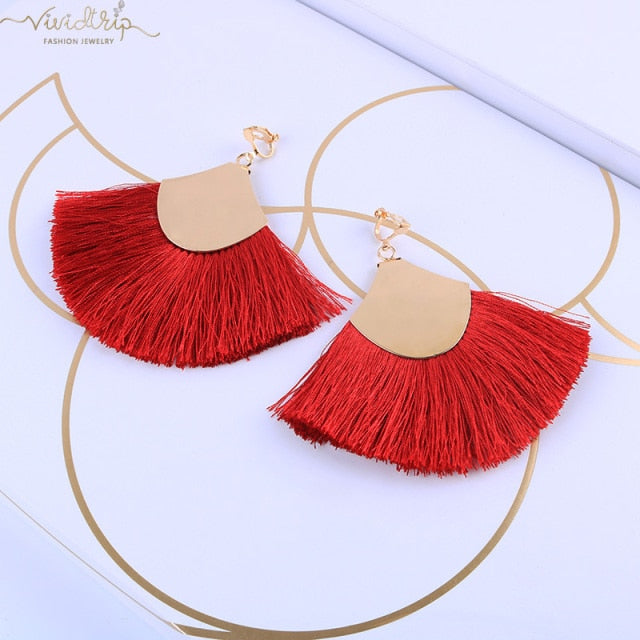 Bohemian Fan Shaped Cotton Tassel Clip on Earrings