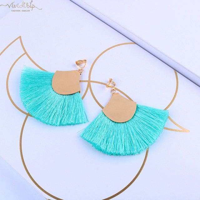 Bohemian Fan Shaped Cotton Tassel Clip on Earrings