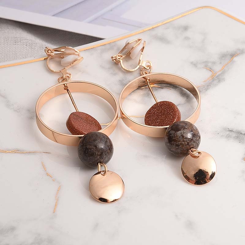 Big Hollow Circle Natural Stone Beads Clip On Earrings
