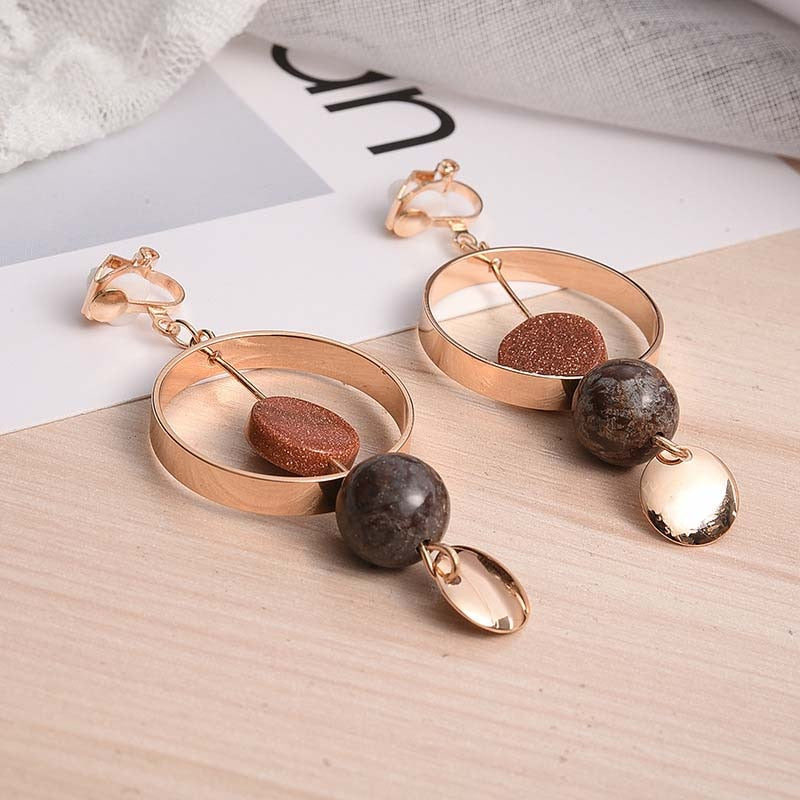 Big Hollow Circle Natural Stone Beads Clip On Earrings