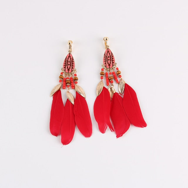 Bohemian Feather Tassel Clip on Earrings