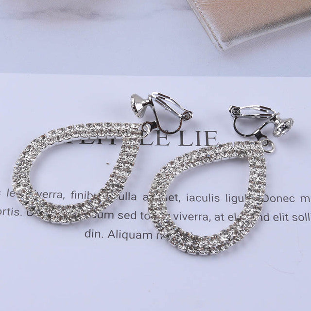 Silver Water drop Crystal  Clip On Earrings